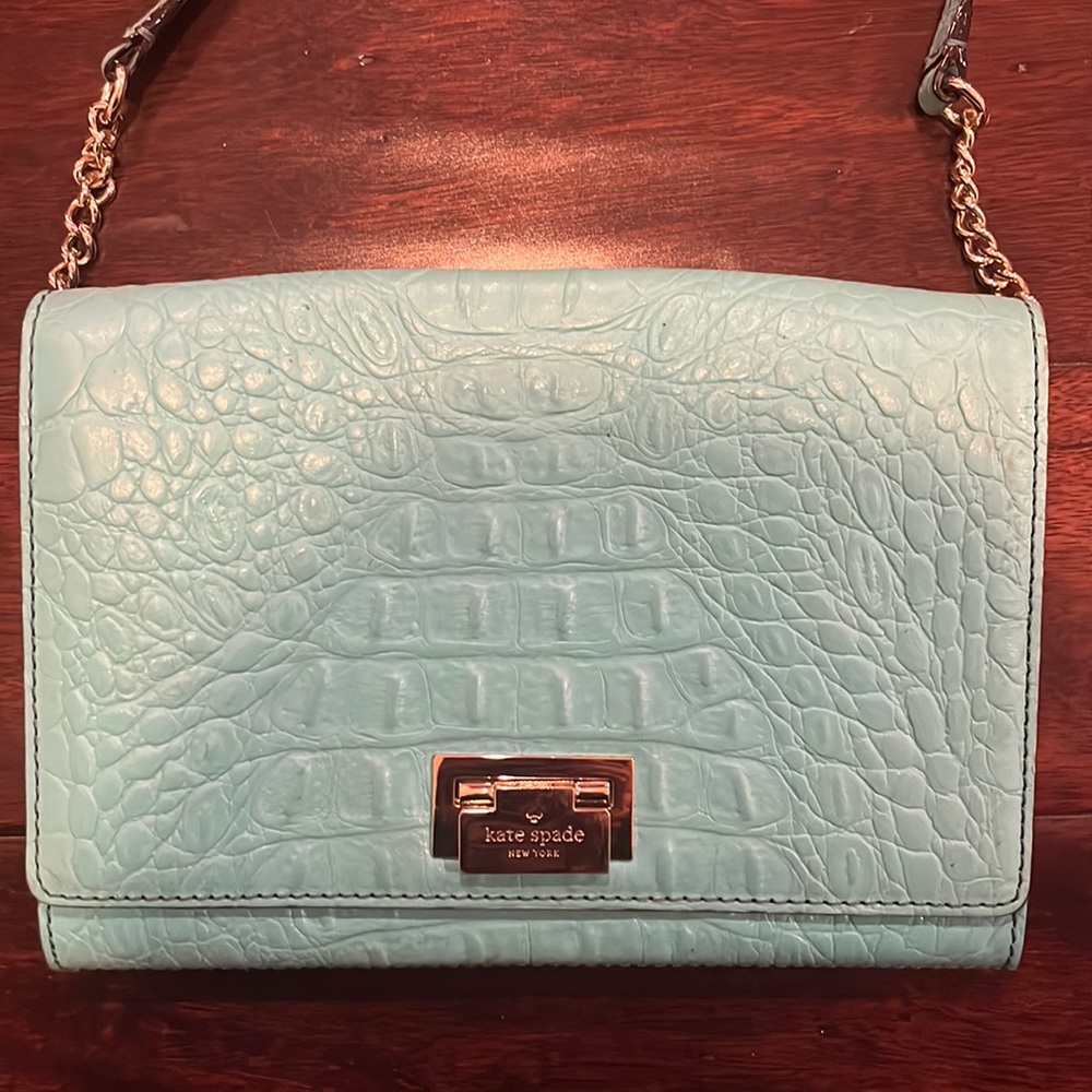 Kate Spade Croc Turquoise Purse on a Turquoise and Gold Chain